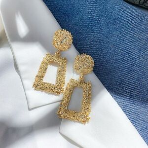 Gold Textured Geometric Statement Drop Earrings Hammered